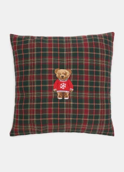 Cuscino quadrato in cotone tartan con Teddy Bear