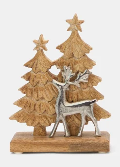 Decorazione abeti e renna in legno