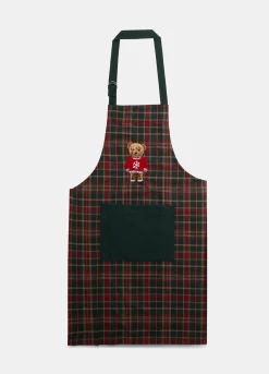 Grembiule corto in cotone tartan con ricamo Teddy Bear