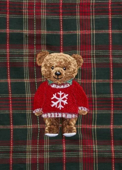 Grembiule corto in cotone tartan con ricamo Teddy Bear